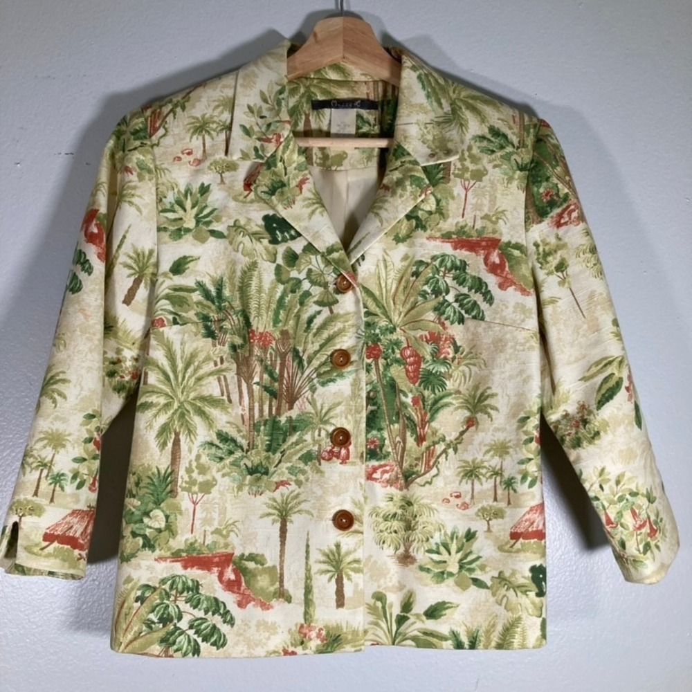 Maggy L Womens Tropical Palm Tree Print Cotton Blazer Jacket Green Tan Size 4
